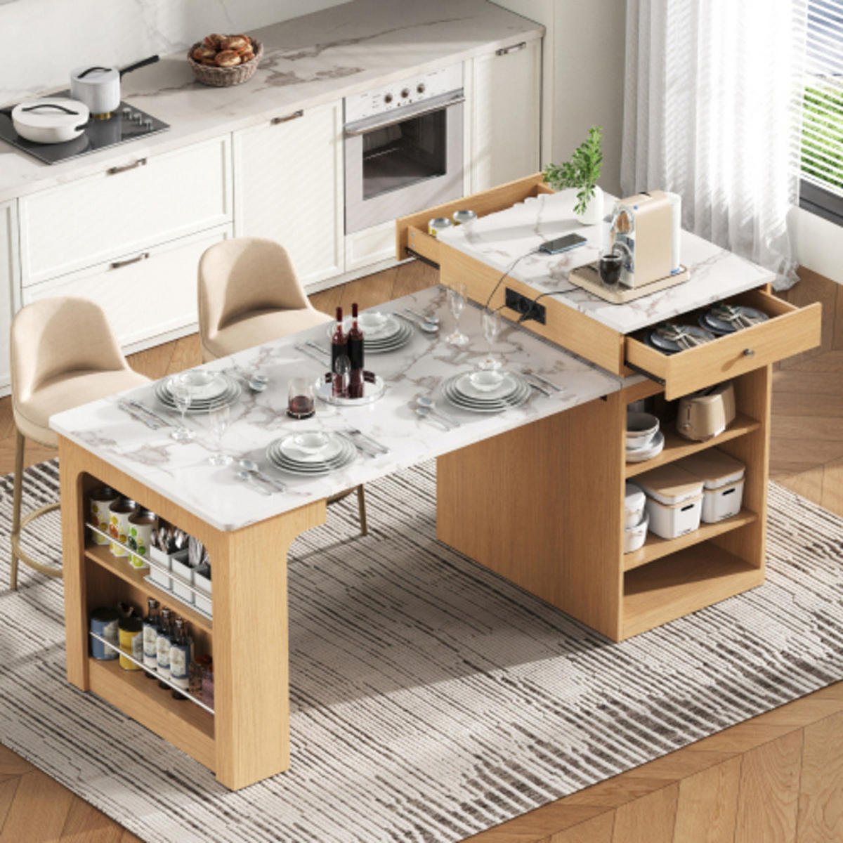 SIDEBOARD mit Riffelglastüren & Steckdosenstation natur 80×71-151×92 cm aus MDF und Glas - Naturfarben, Holzwerkstoff (151/92/80cm) - Luhomfu