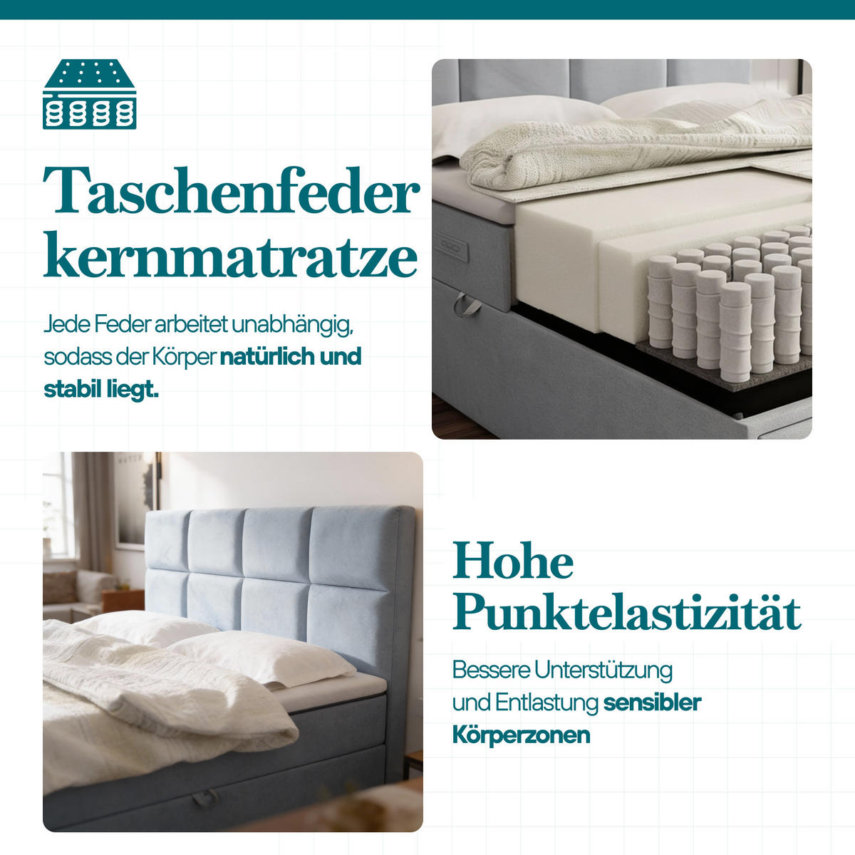 BOXBETT 200x200 cm, GARDA, Bettkasten und Taschenmatratze, Elegant Topper und Schubladen, Grau - Grau, Holzwerkstoff/Kunststoff (200/200cm) - Trada