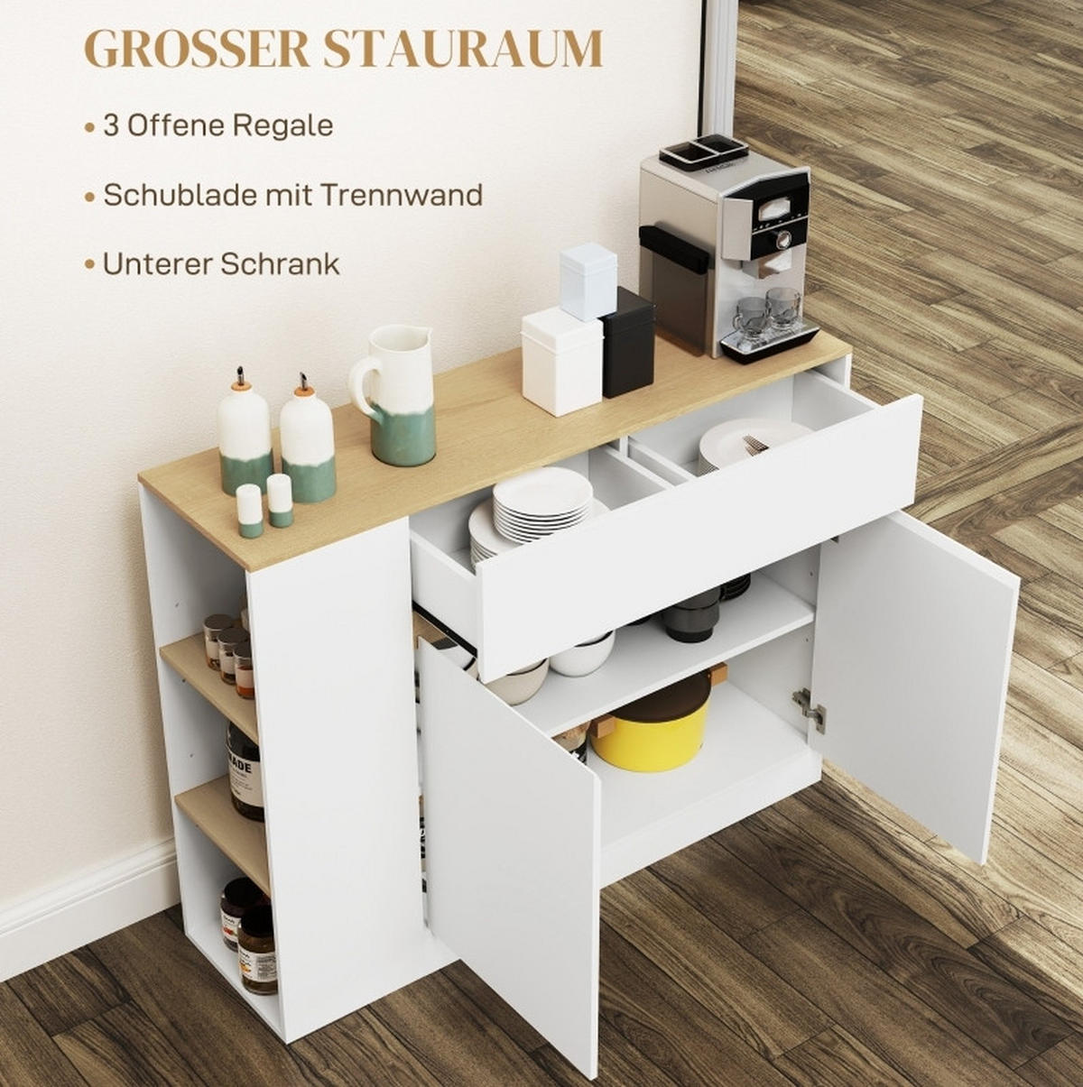 SIDEBOARD 105/30/81.5 cm Weiß aus Holz mit verstellbaren Einlegeböden - Weiß, Holz (30/81.5/105cm) - OKMYHOME