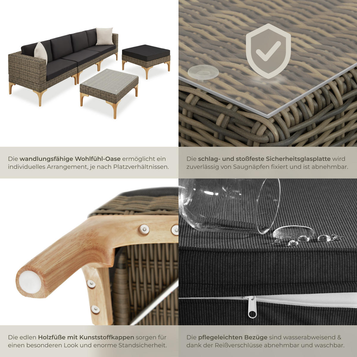 RATTANLOUNGE Konstanza, mit Sicherheitsglasplatte, natur - Naturfarben, Kunststoff/Metall - tectake