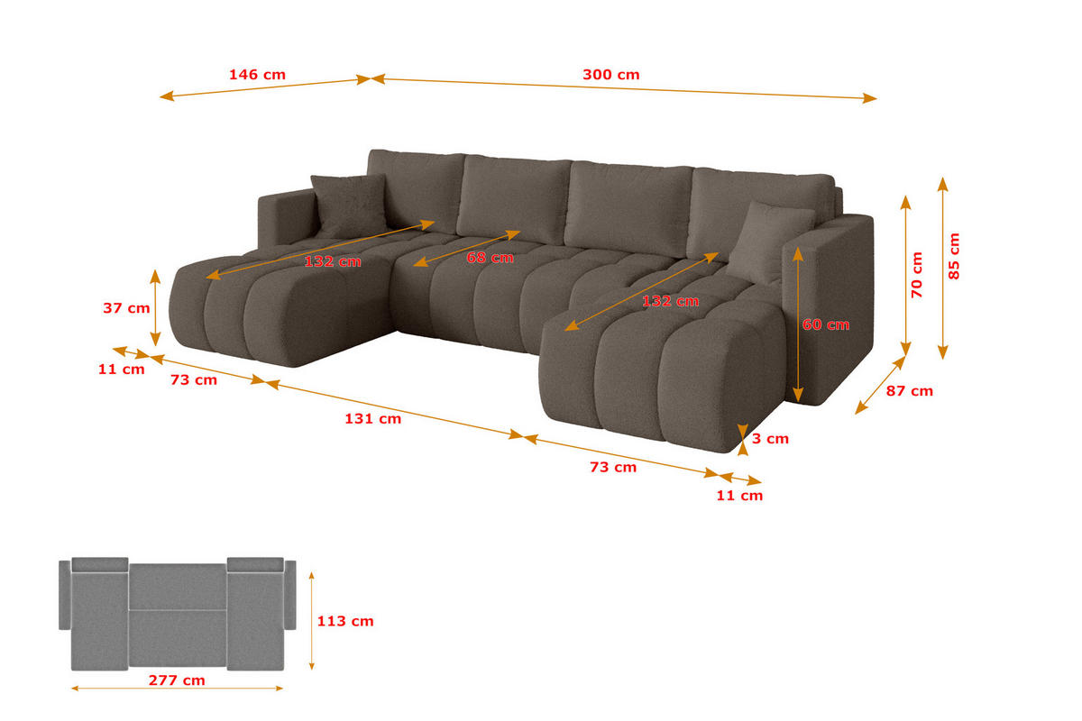 SEDACÍ SOUPRAVA DO U s funkcí spaní a úložným prostorem GARD-U 300x146x85 hnědá bouclé - černá/hnědá, kompozitní dřevo/textil (300/85/146cm) - ALTDECOR