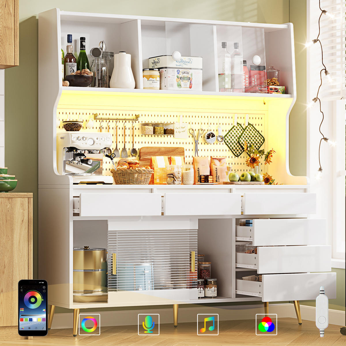 KUCHYŇSKÁ SKŘÍŇKA 171 cm se Smart LED, skleněnou přední částí a děrovanou stěnou - bílá, kompozitní dřevo (145/171/39cm) - Urban Meuble