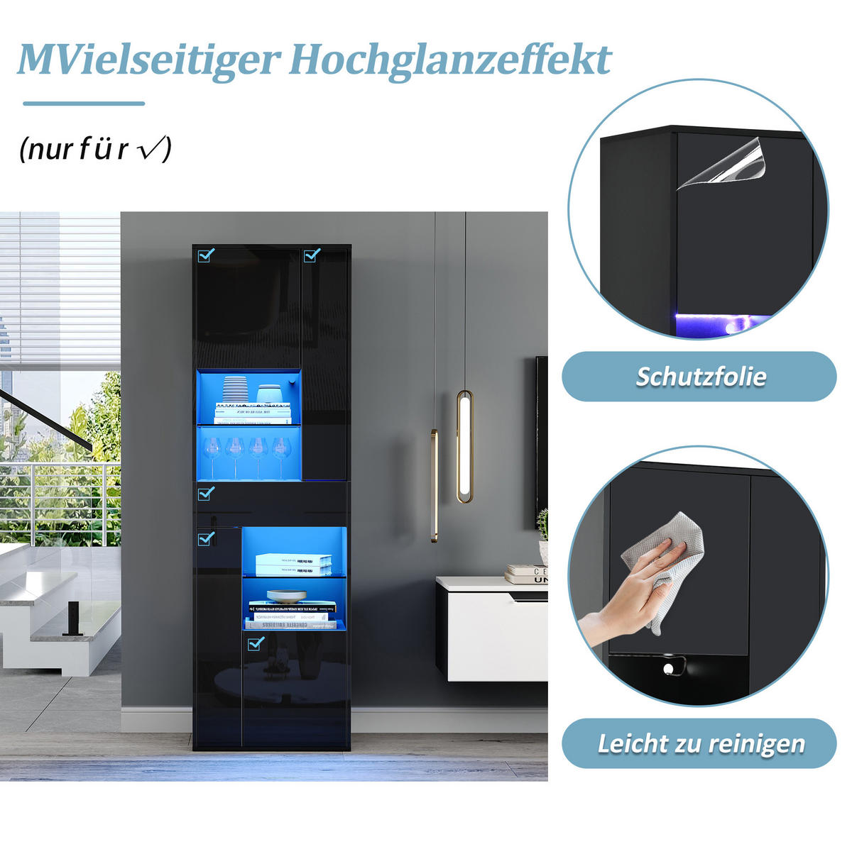 VITRINE 55/38/170 cm in Schwarz mit LED-Beleuchtung und Hochglanzfront - Schwarz, Holzwerkstoff (55/170/38cm) - Flora Grace
