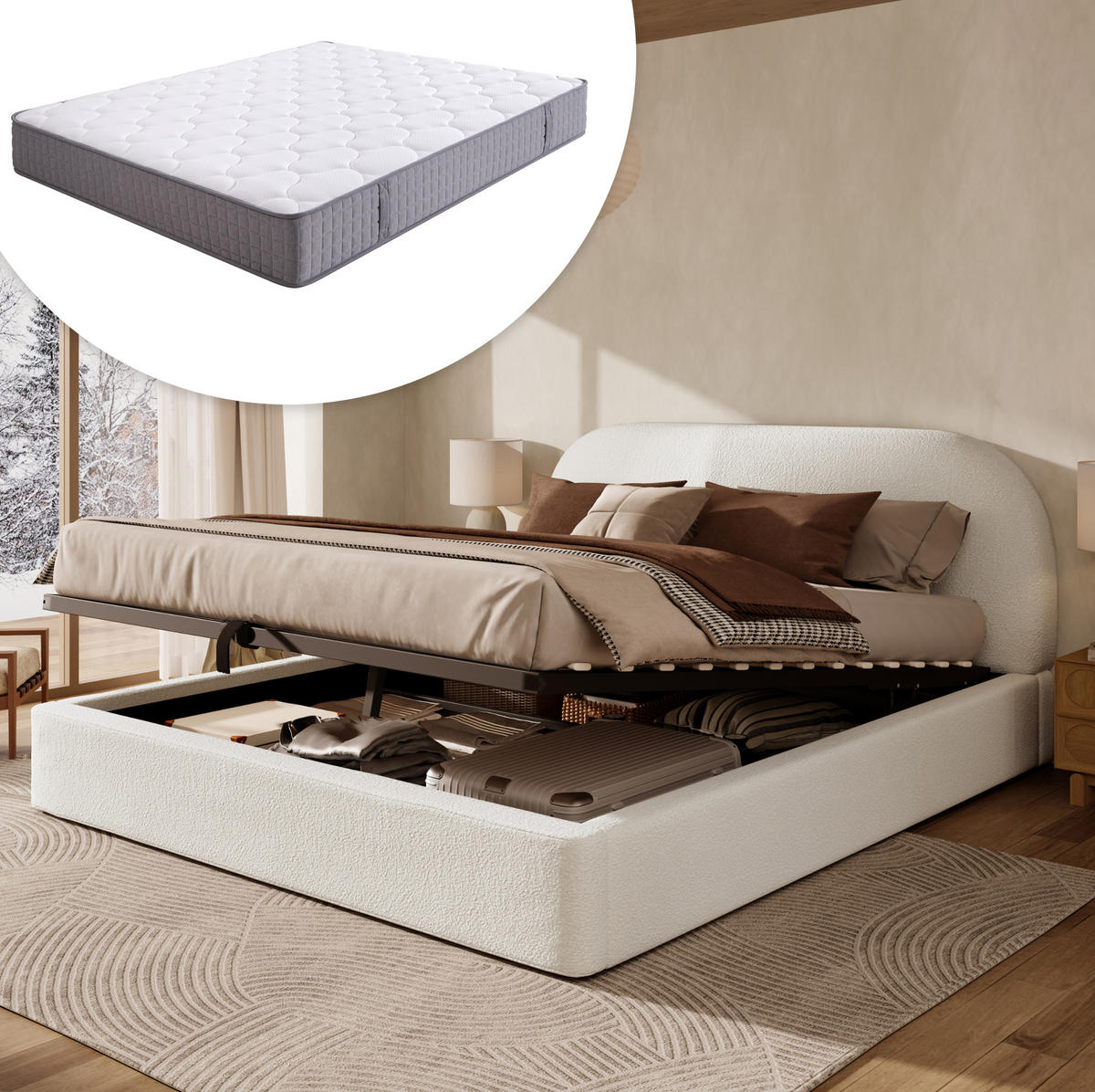 POLSTERBETT 180/200 cm Beige aus Bouclé mit Stauraum - Beige, Textil (180/200cm) - OKMYHOME