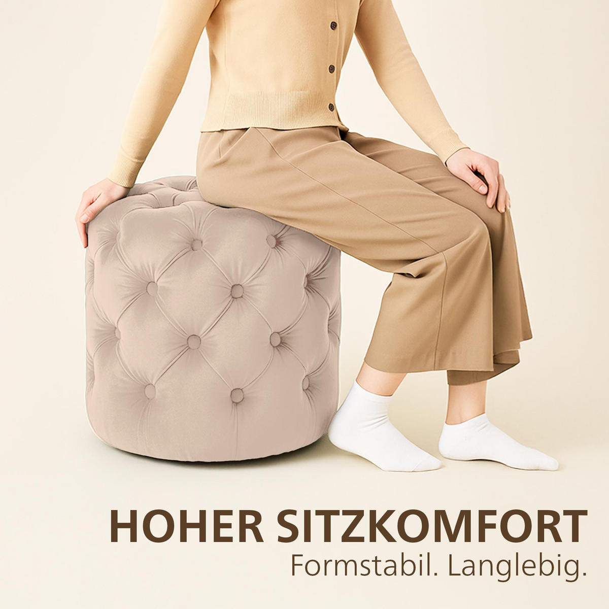 SITZPOUF rund Samt Creme - Eukalyptusholzfarben/Creme, Holz/Textil (42/46/42cm) - CLP