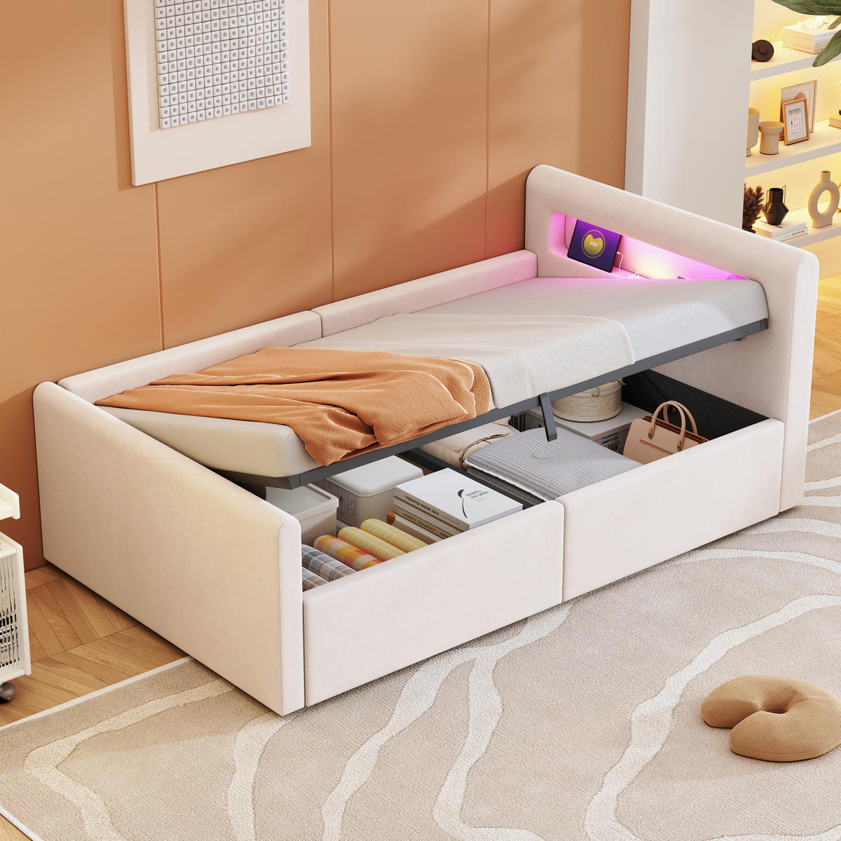 POLSTERBETT Kinderbett 90/200 cm Beige mit LED und USB-Ladeanschluss - Beige, Textil (90/200cm) - OKWISH