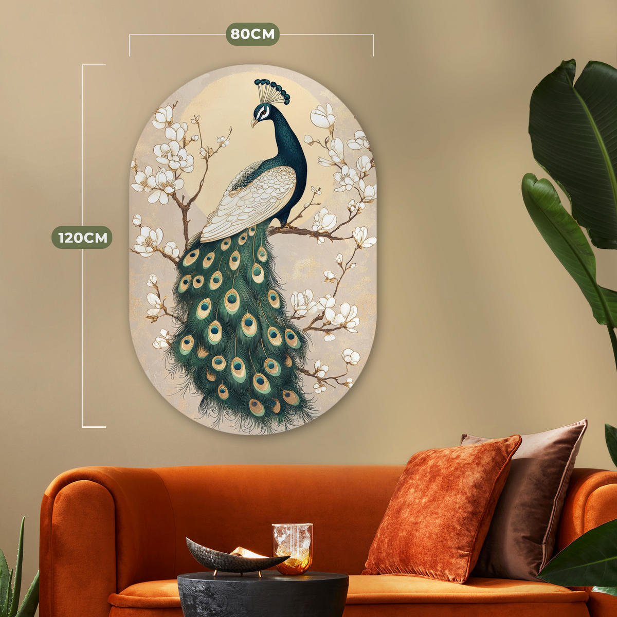 WANDBILD Pfau - Zweig - Blumen 80x120 cm - Champagner, Kunststoff (80/120cm) - MuchoWow