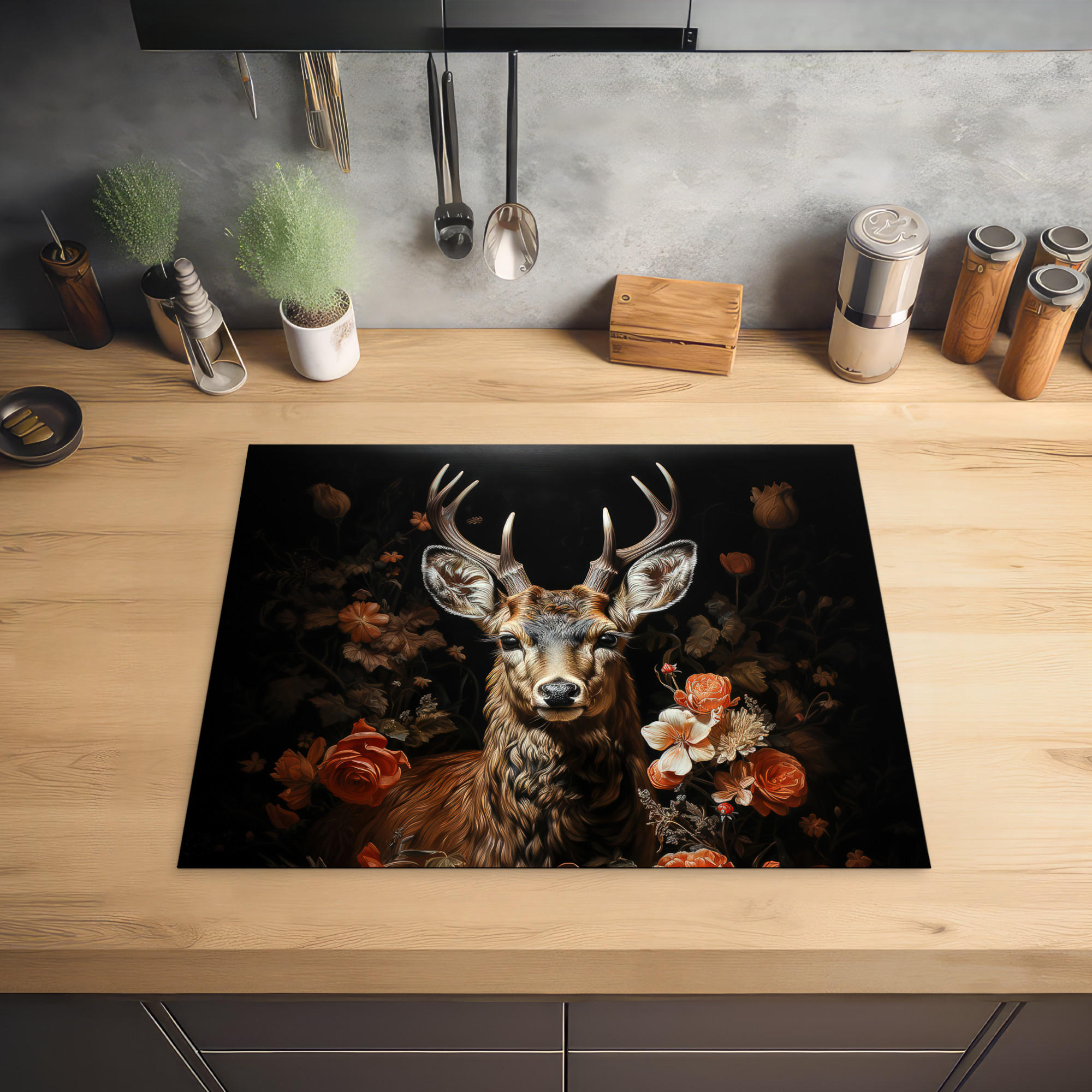 HERDABDECKPLATTE Hirsch - Tier - Blumen - Natur - Botanisch 65x52 cm - Kupferfarben, Kunststoff (65/0.2/52cm) - MuchoWow
