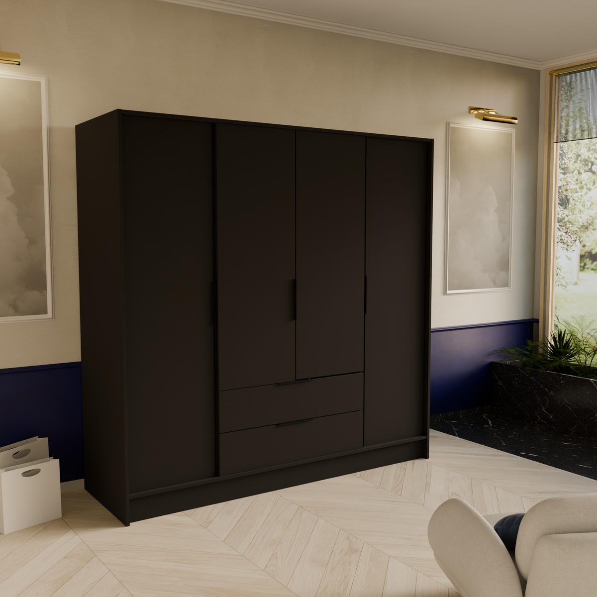 DREHTÜRENSCHRANK CAVA 200/200/51 cm Modern Kleiderschrank 4-türig Schwarz - Schwarz, Holzwerkstoff (200/200/51cm) - MASSENO