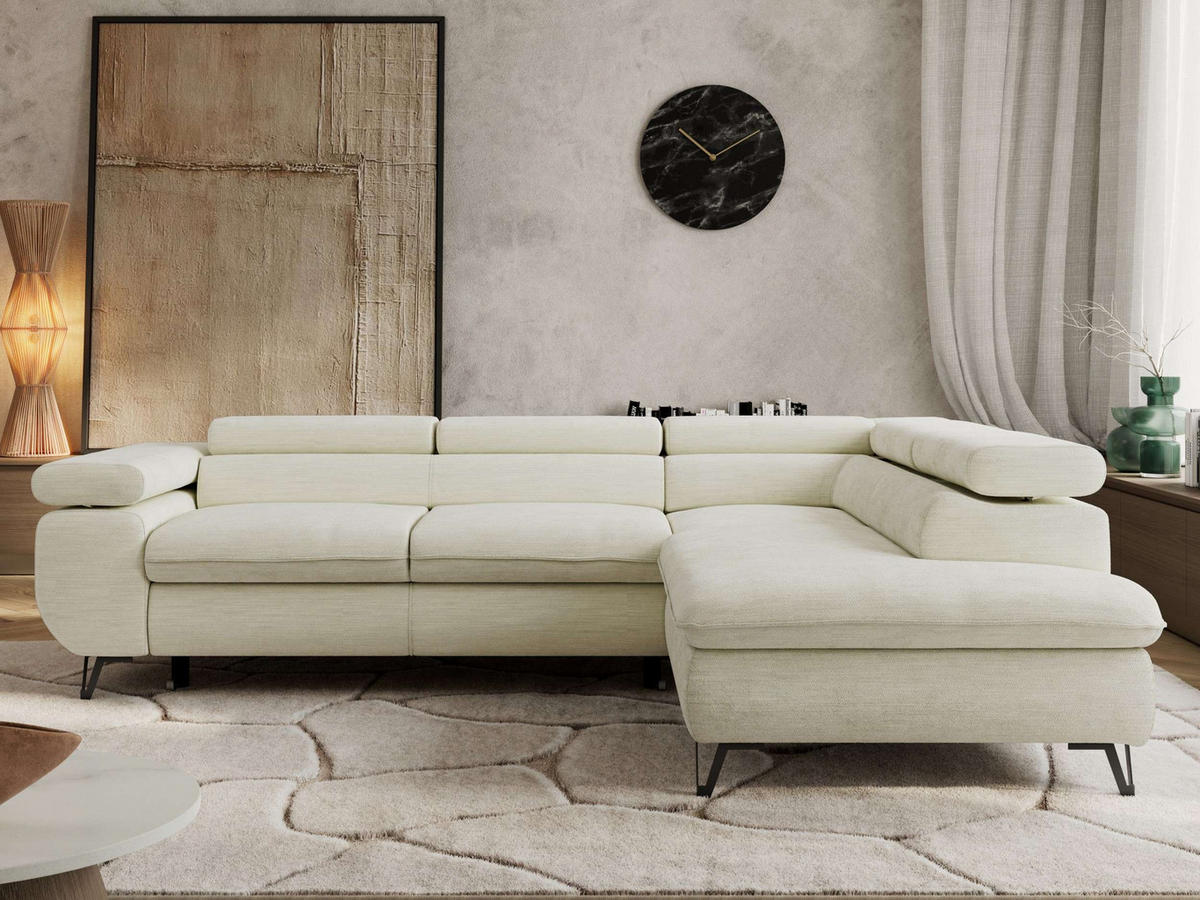 ECKSOFA PABLO L Creme Schenille glatt - Rechts Seite - Creme/Schwarz, Textil/Metall (273/208cm) - MKS