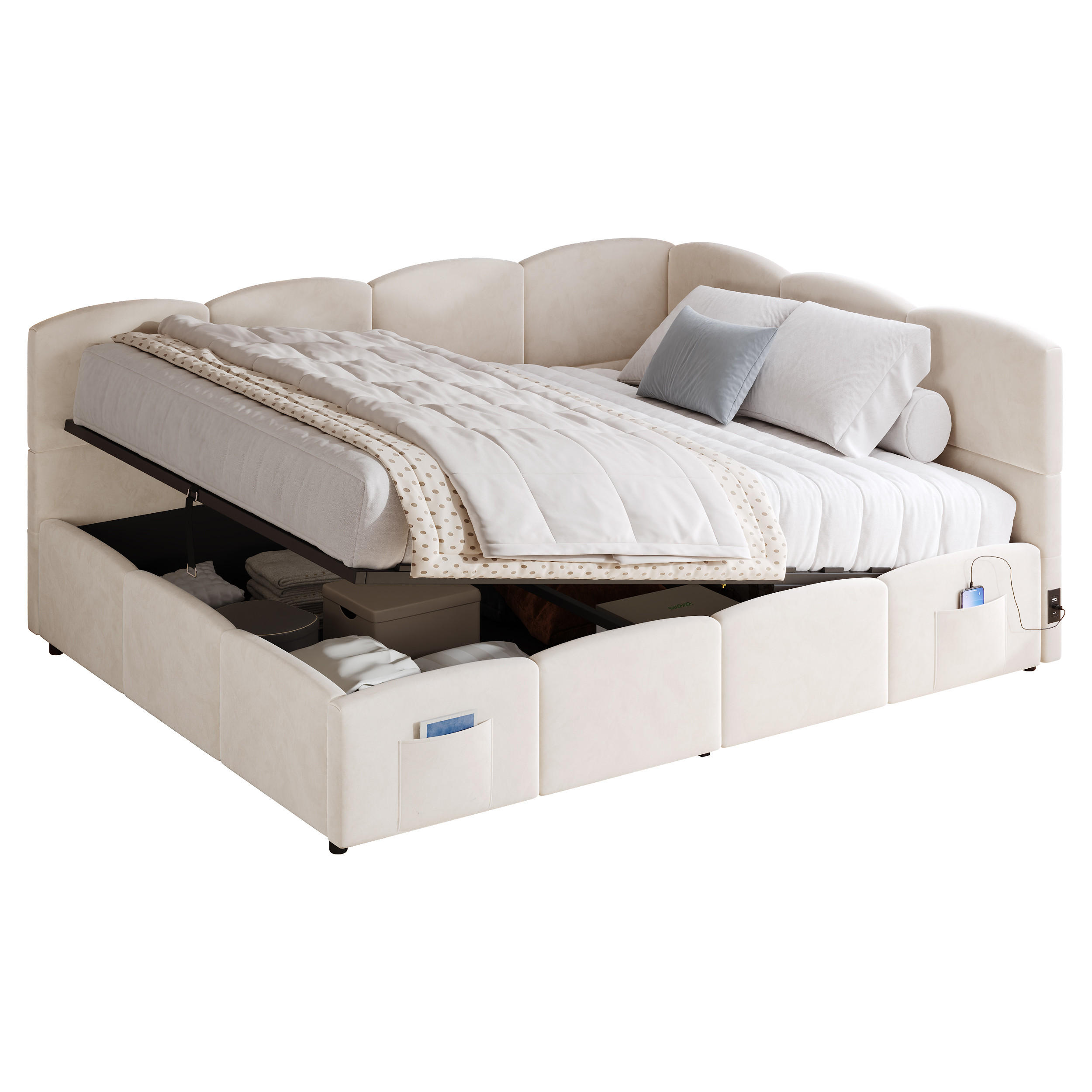 KINDERBETT Beige Samt 140x200 USB Stauraum Lattenrost - Beige, Textil (140/200cm) - FLIEKS