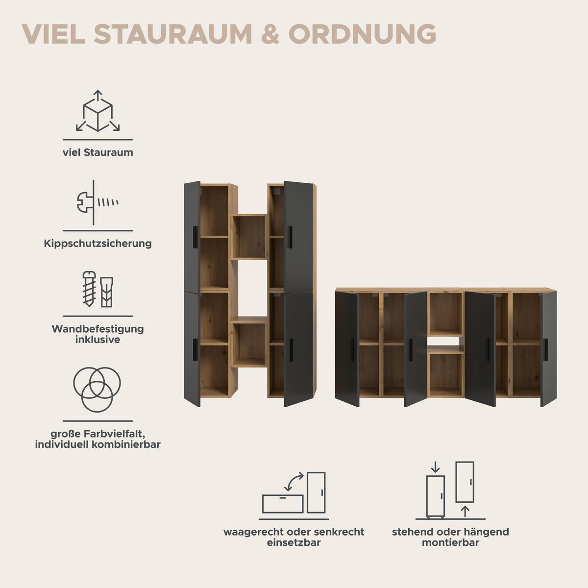 WOHNKOMBINATION THE ONE (B/H/T: ca. 270/182/34 cm) in Artisan Oak Nachbildung/Basalt grau - Eiche Artisan, Holzwerkstoff (270/182/34cm)