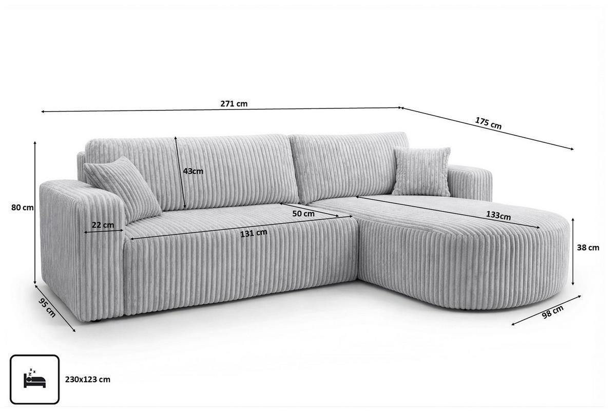 ECKSOFA Mit Schlaffunktion, Cordstoff Tilia, Grau, Rechts, ROUND ONE XL - Grau, Holz (271/175cm) - Kaiser Möbel