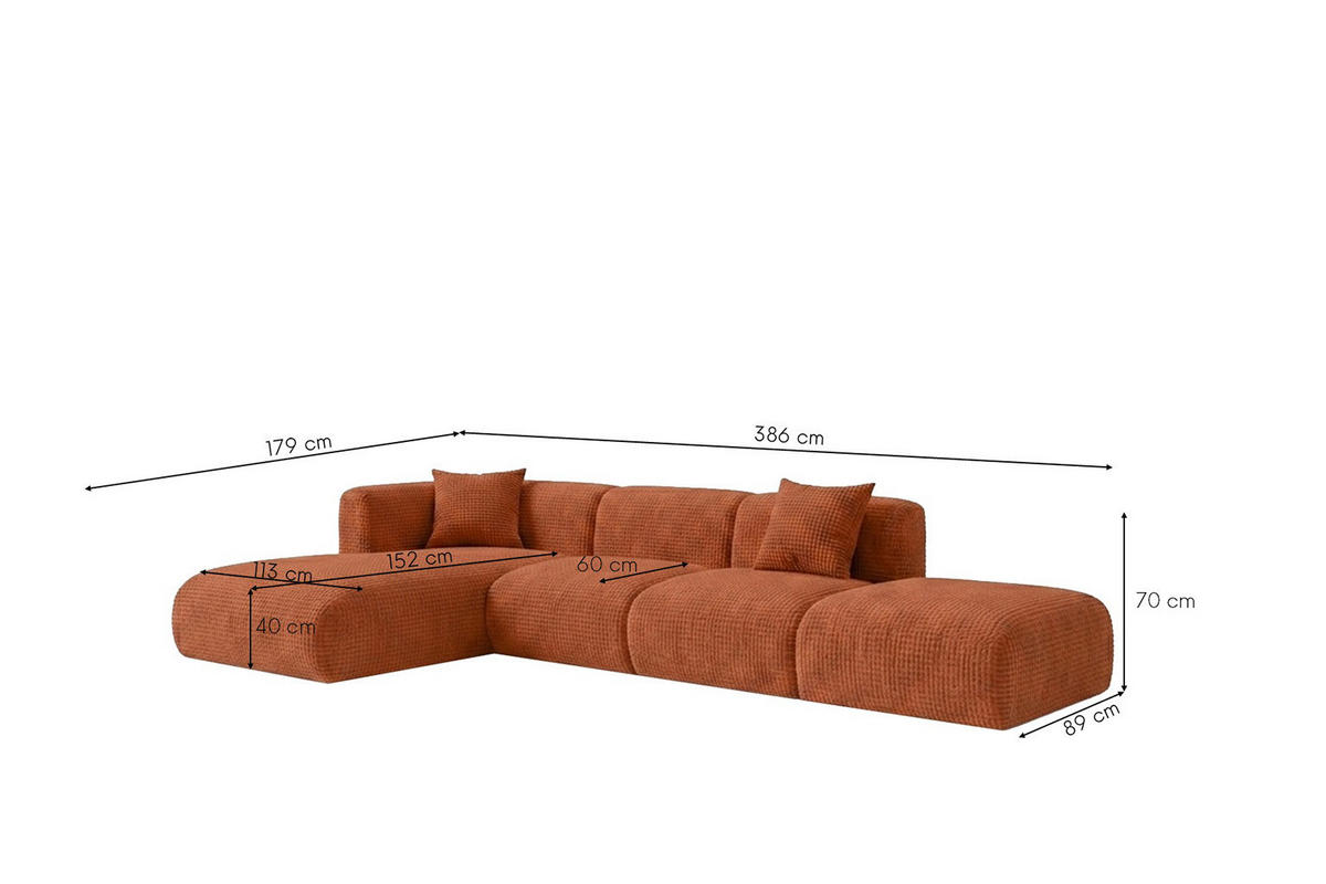 ECKSOFA L-Form mit Hocker, Chenille-Stoff Cremona, Kupfer, Links, GRETA - Kupferfarben, Holz (386/179cm) - Kaiser Möbel