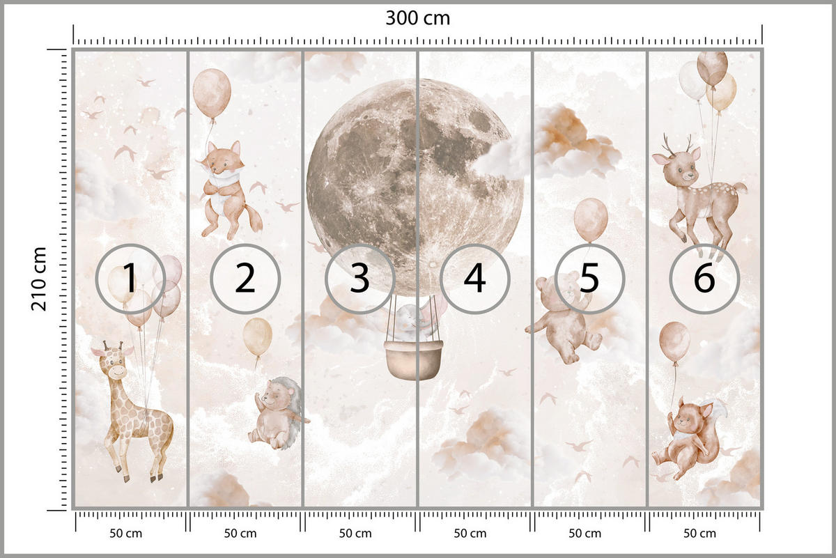 FOTOTAPETE für Kinderzimmer Mond Ballons Bär Rehkitz Giraffe Wolken 300x210 - Beige/Rosa, Papier (300/210cm) - Muralo