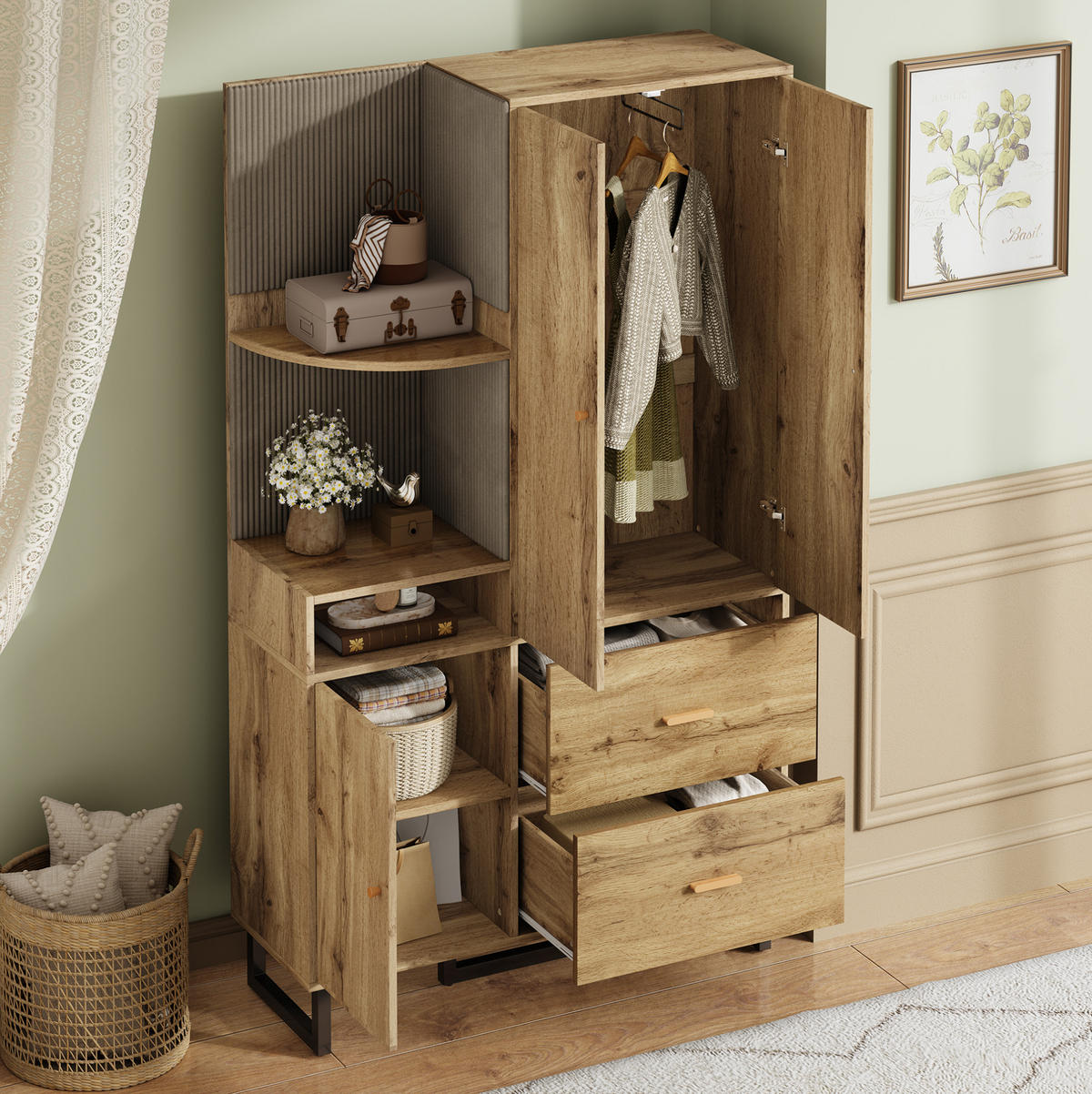 KOMPAKTGARDEROBE 110/38/186 cm aus MDF mit gepolsterten Paneelen Schwarz/Naturfarben - Naturfarben, Holzwerkstoff (110/186/38cm) - Modenvie
