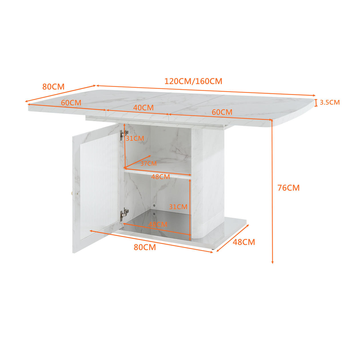 ESSTISCH Weiß Marmoroptik mit Ausziehfunktion & Stauraum-Sockel - Weiß, Glas/Holzwerkstoff (80/160/76cm) - Urban Meuble
