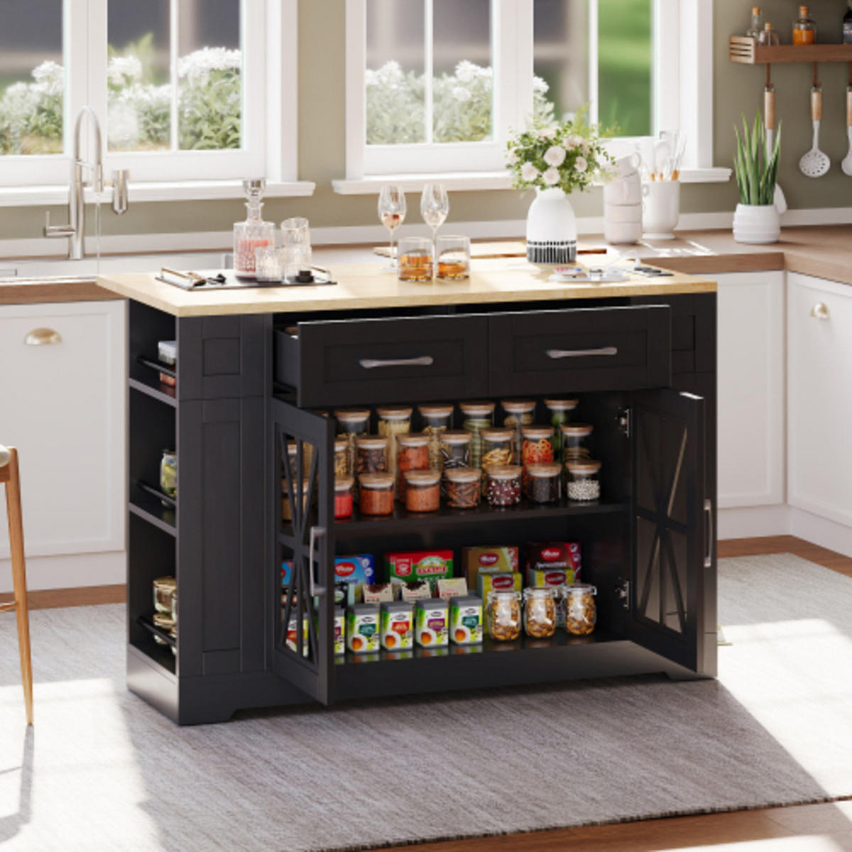 KÜCHENINSEL schwarz-Neutral aus MDF mit klappbarer Erweiterungsplatte, Steckdosen und Laufrollen 120 × 40(65) × 92 cm - Schwarz, Holzwerkstoff (120/92/65cm) - Luhomfu