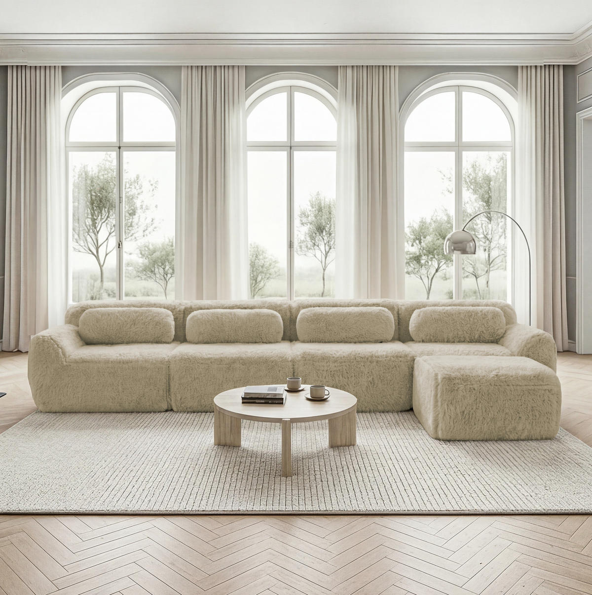 MODULARES Ecksofa aus Plüsch in Beige mit Chaiselongue - Beige, Textil (179/73/378cm) - Modfu