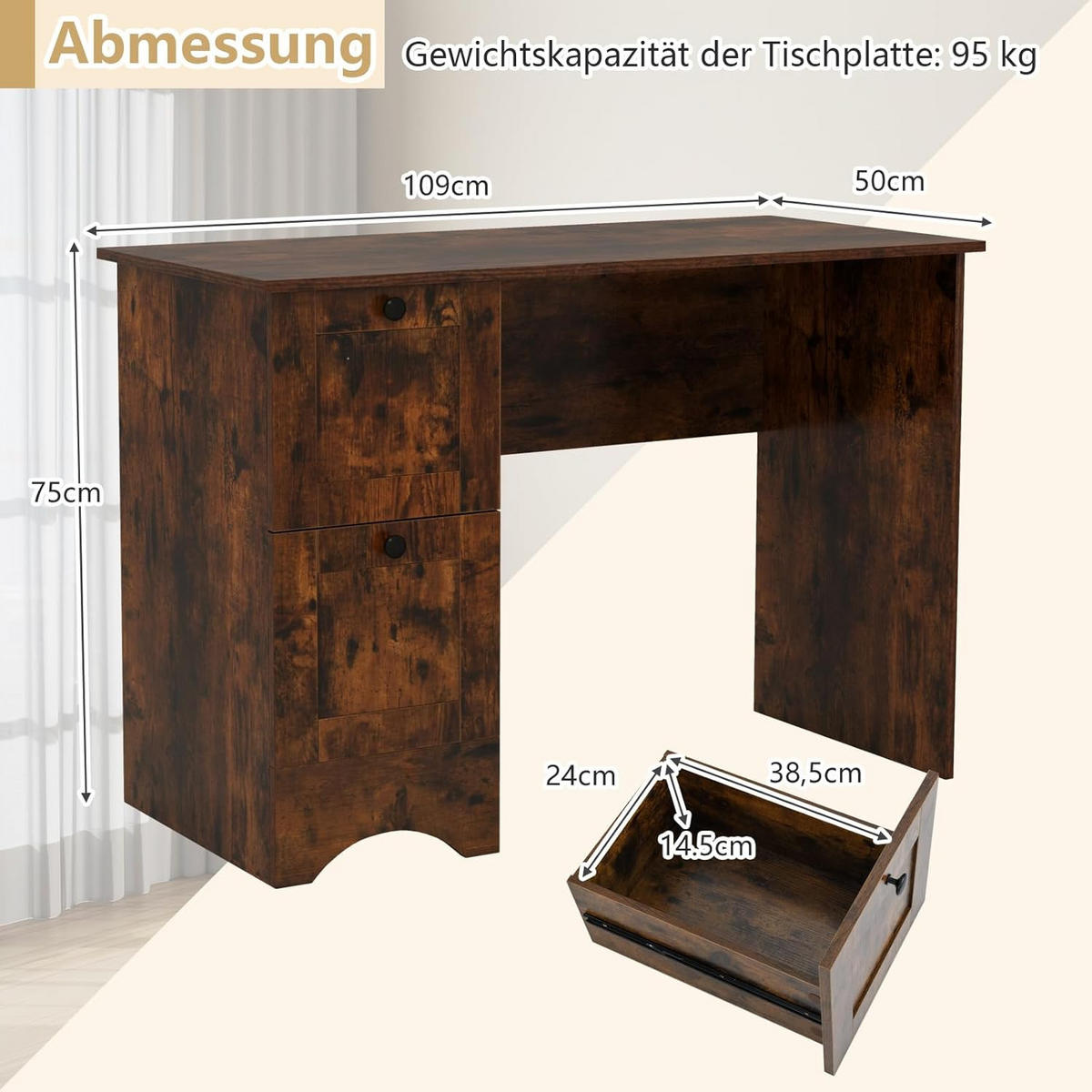 DATORBORD Brunt - Brun, Träbaserade material (50/109/75cm) - COSTWAY