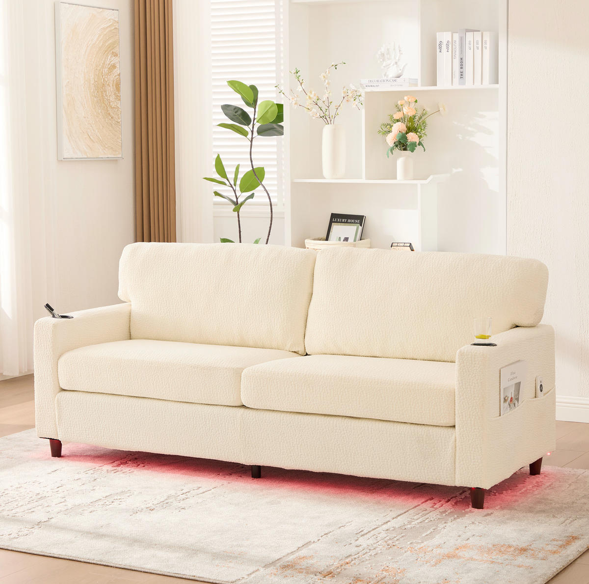 2-SITZER-SOFA aus Chenille 203x77,5x86 cm Beige mit USB-C, LED-Beleuchtung, Getränkehaltern und Seitentaschen - Beige, Textil (77.5/86/203cm) - Modfu