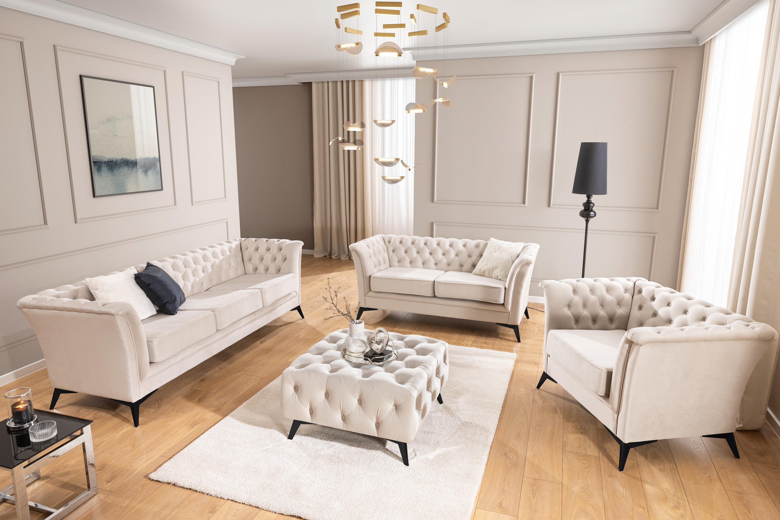 SITZGARNITUR 3+2+1 Chesterfield Whitby Beige Samt mit schwarzen Füßen - Beige/Schwarz, Holz/Textil (237/78/82cm) - S-Style Möbel