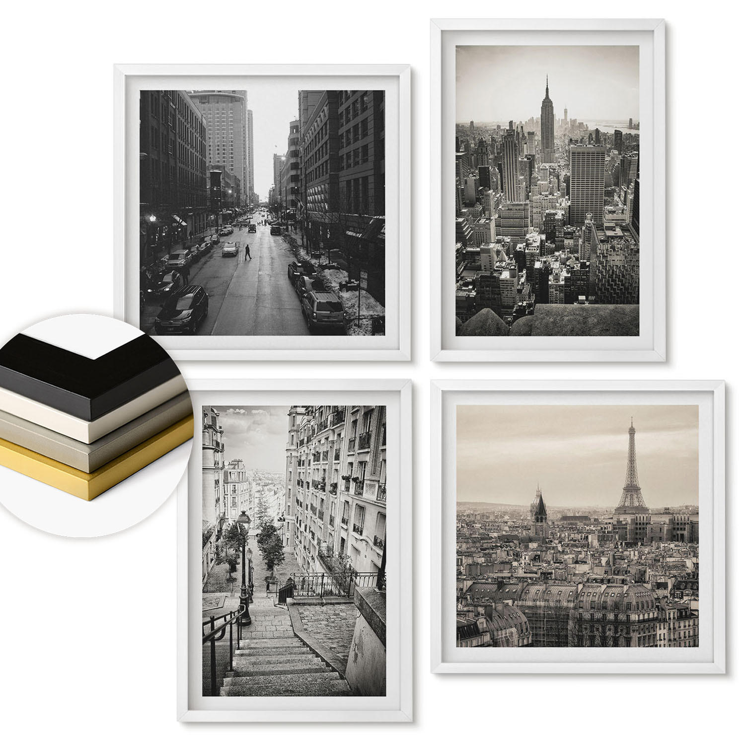 WANDBILDER 4er-Set - 50x50 cm & 40x60 cm Weißer Rahmen - Aussicht Paris New York Treppen - Weiß, Kunststoff (50/50cm) - ArtPrintCave