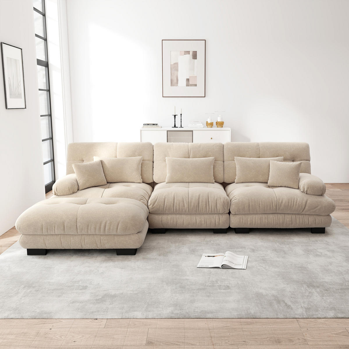 ECKSOFA Chenille Hellbraun mit Ottomane - Hellbraun, Textil (313/145cm) - WISHDOR