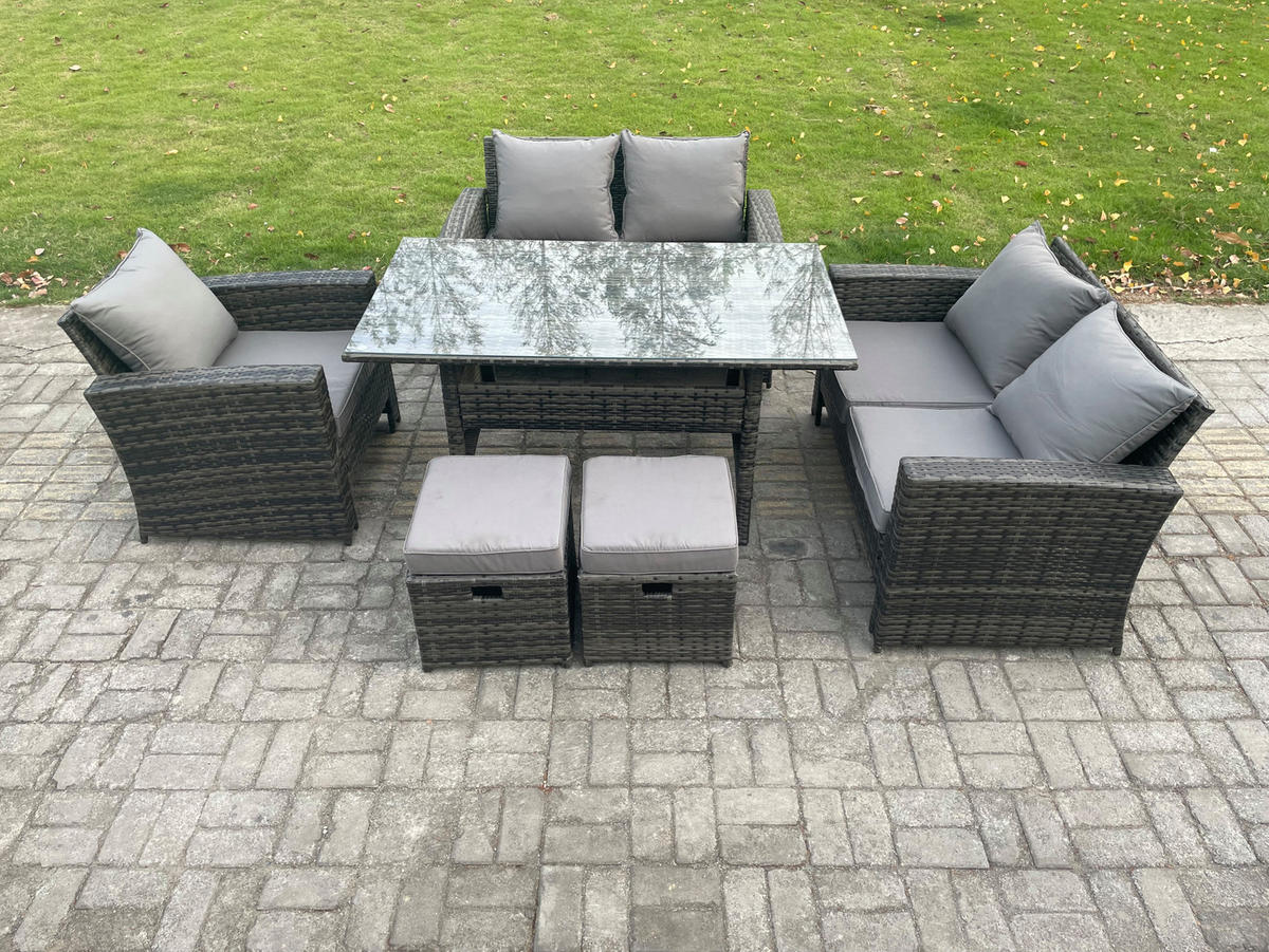 BALKONMÖBEL-SETS mit 2-Sitzer Sofa,2 Hockern,Esstisch Polyrattan Dunkelgrau 7-Sitzer - Dunkelgrau/Grau, Glas/Kunststoff - Fimous