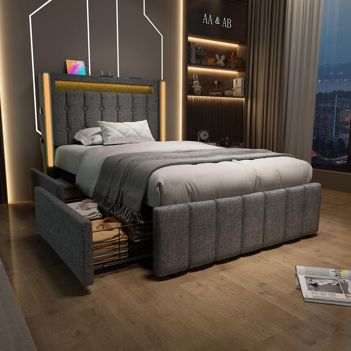 POLSTERBETT mit USB, LED und 2 Schubladen 90x200 cm Leinen Grau - Grau, Metall (90/200cm) - Meubliv