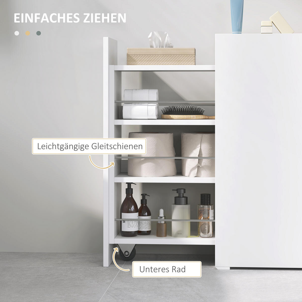NISCHENSCHRANK Schmaler Badezimmerschrank mit tiefer Schublade, Rad Weiß - Weiß, Holz (25/66.5/47cm) - HOMCOM