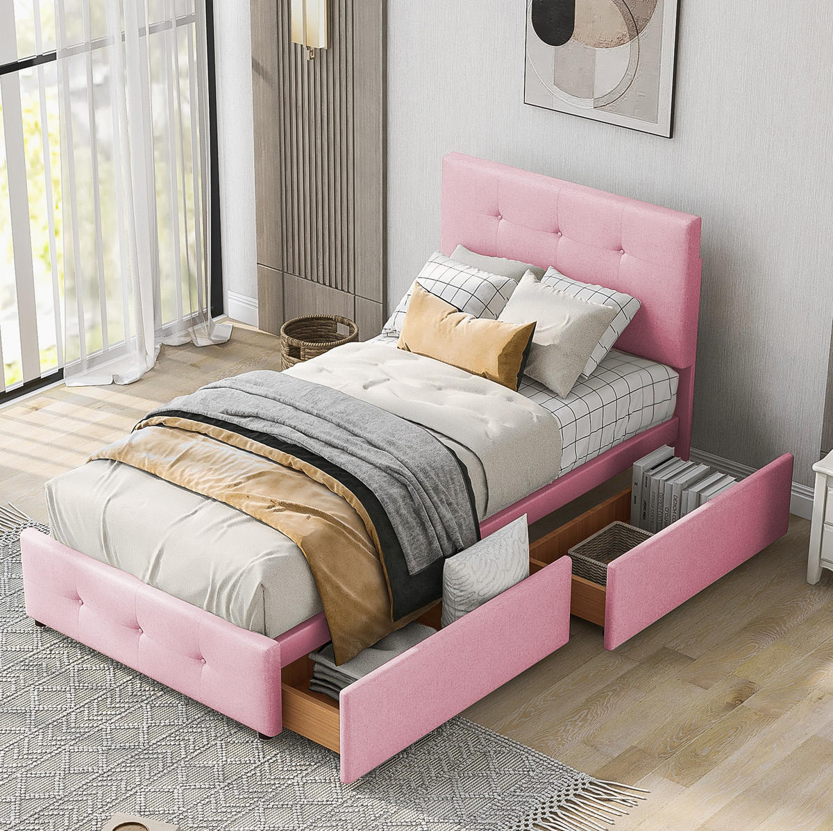 POLSTERBETT 90x200 cm Rosa mit Lattenrost, Kopfteil und Schublade - Rosa, Textil (90/200cm) - IVMEU