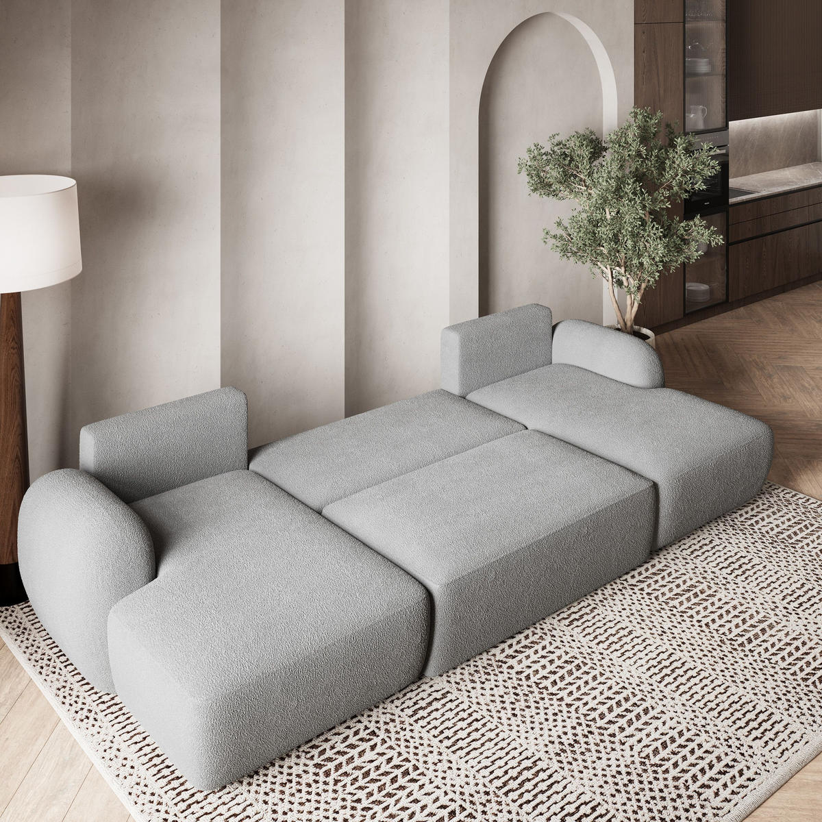 WOHNLANDSCHAFT SAVONA N Hellgrau Boucle-Stoff mit Schlaffunktion - Hellgrau, Holz (320/90/148cm) - MASSENO