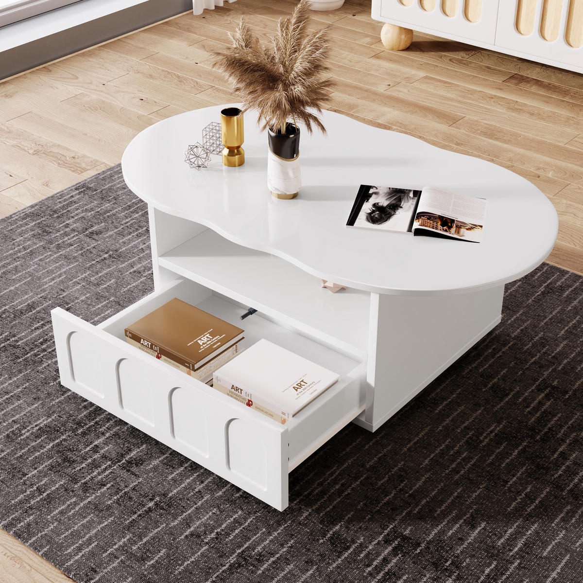 COUCHTISCH aus Spanplatte 100x60x40,5 cm in Weiß mit Schublade & offenem Fach - Weiß, Holzwerkstoff (100/60/40.5cm) - Modfu