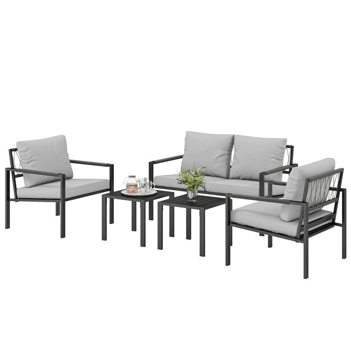 GARTENMÖBEL SET DE-06590, 2er Sofa, 2 Sessel, Sitzkissen, Beistelltisch Hellgrau - Hellgrau, Textil/Metall - ComfortXL