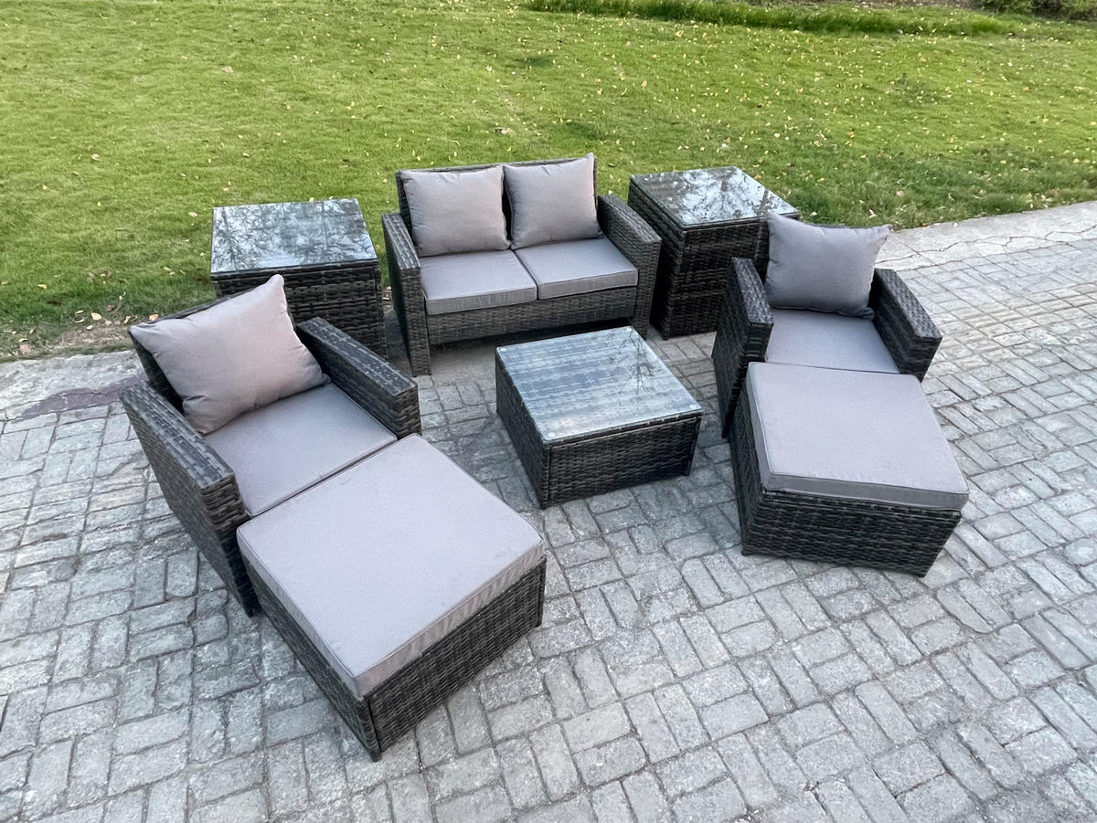 GARTENMÖBEL-SET mit Kissen Polyrattan Dunkelgrau 6-Sitzer - Dunkelgrau, Metall - Fimous