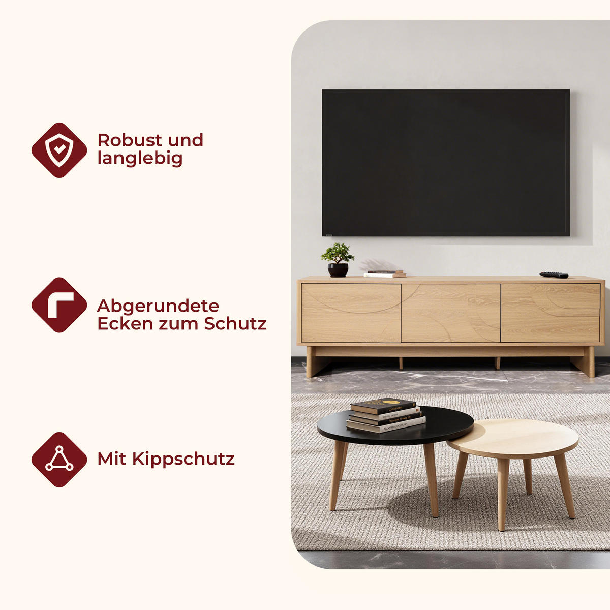 TV Lowboard Holz mit 3 Türen und Stauraum, B150 x T40 x H48 cm - Eichefarben, Holzwerkstoff (150/48/40cm) - Hometopia