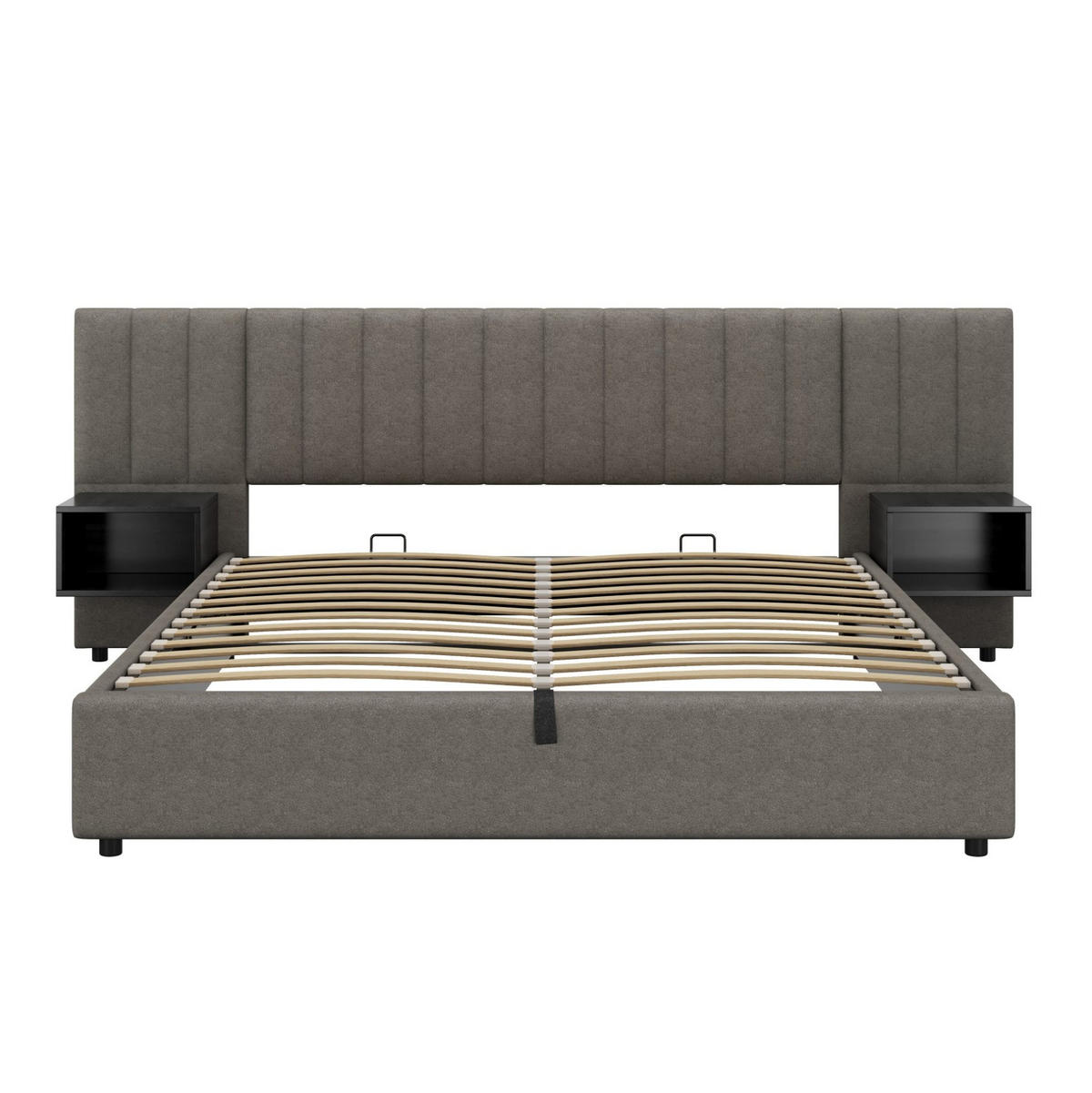 BETT mit Stauraum 180x200 cm Leinen Grau-Schwarz mit 2 Nachttischen - Grau, Metall (180/200cm) - Meubliv