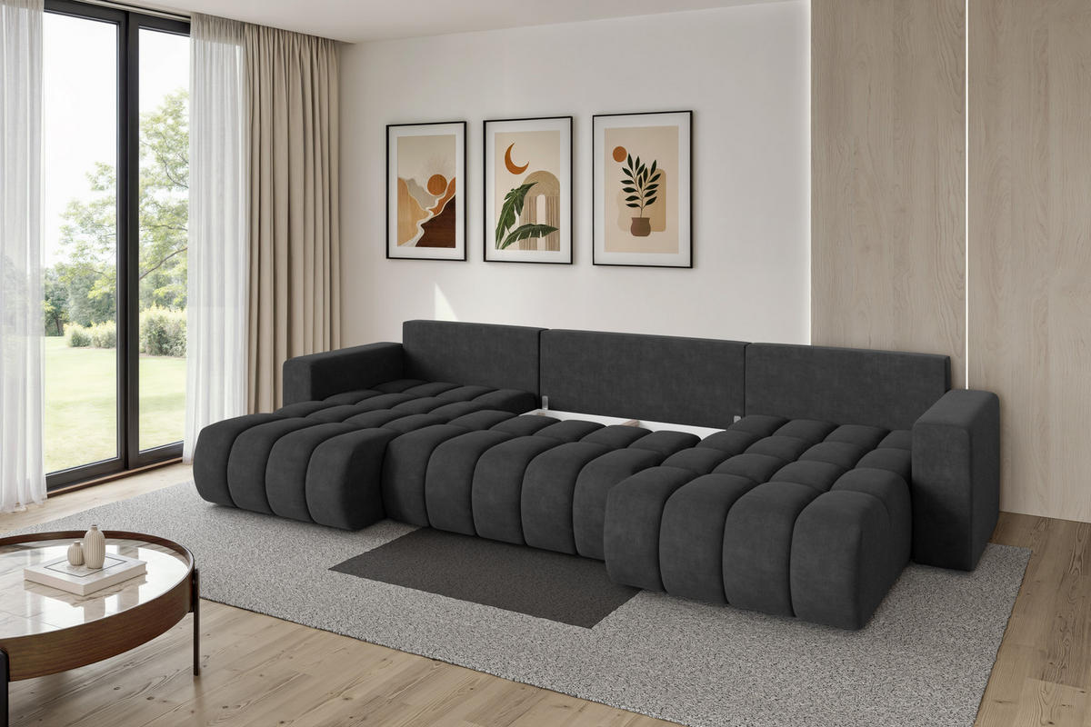 SEDACÍ SOUPRAVA DO U s funkcí spaní a úložným prostorem MILA-U-v1 378x194x86 tmavě šedá velur - černá/antracitová, kompozitní dřevo/textil (378/86/194cm) - ALTDECOR