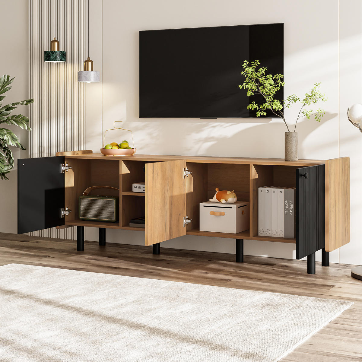 TV SCHRANK mit Drei Türen und Zwei Offenen Fächern - Schwarz/Braun, Holzwerkstoff (38/57/160cm) - Urban Meuble
