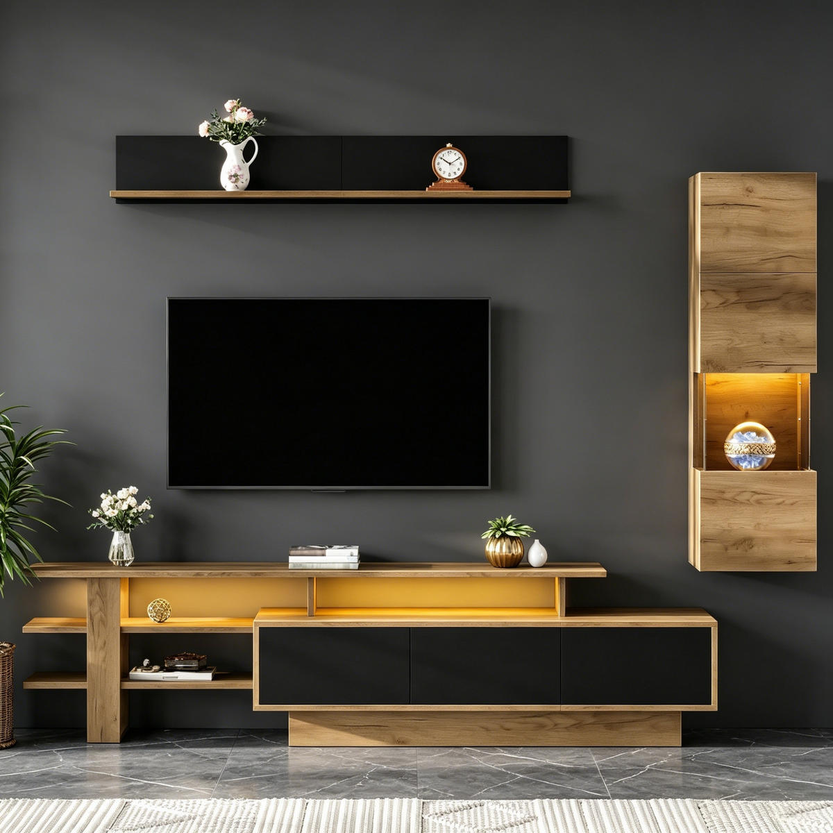 TV-WOHNWAND 3-tlg. 180 cm MDF/Acryl Natural+Black mit LED - Schwarz, Holzwerkstoff (40/45/150cm) - Beauniv