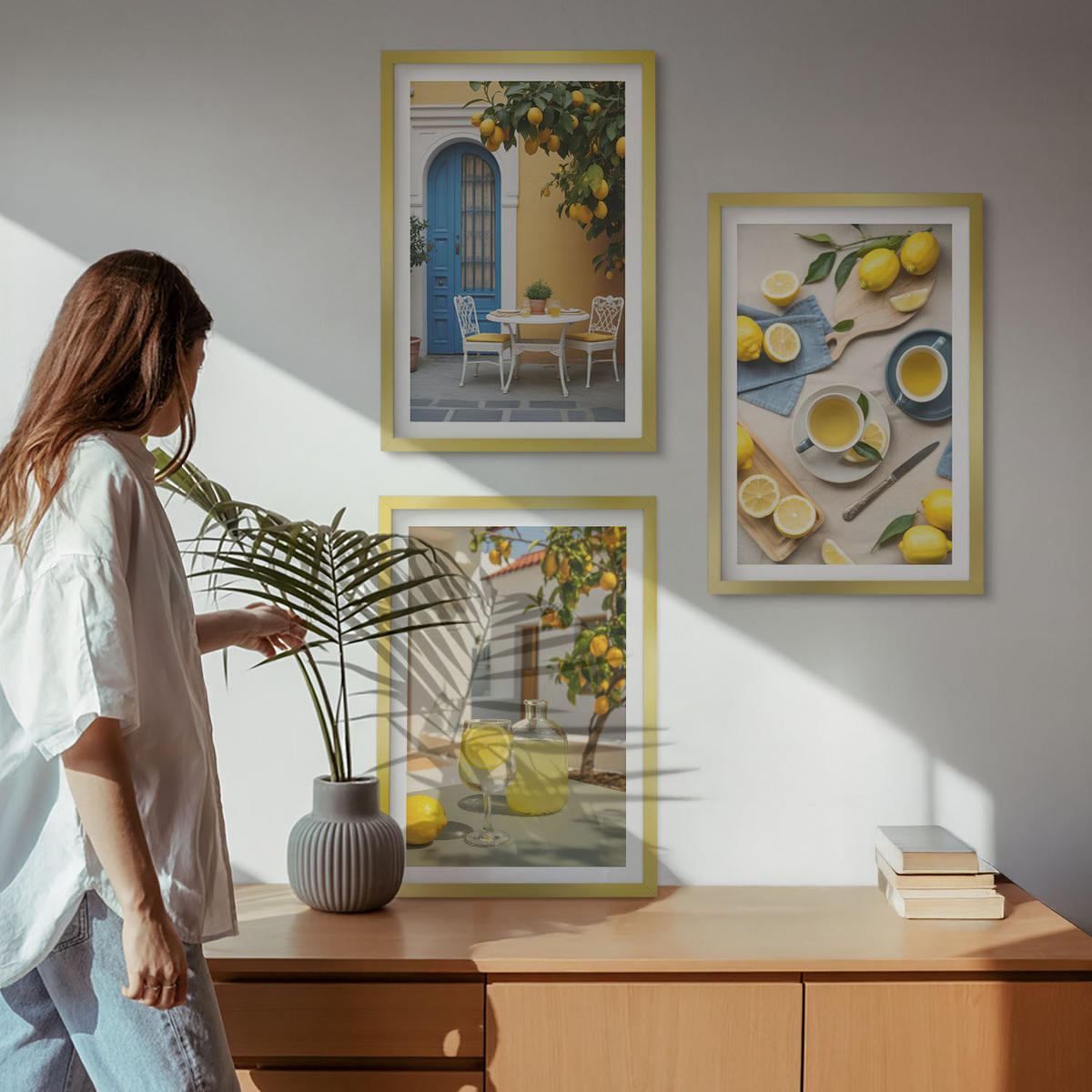 WANDBILDER 3er Set - 40x60 cm Goldrahmen - Zitronenlimonade blaue Tür - Goldfarben, Kunststoff (40/60cm) - ArtPrintCave