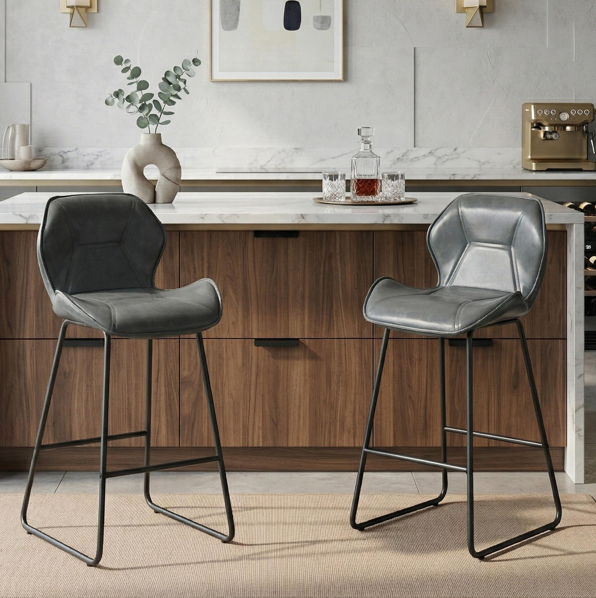 BARHOCKER 2er-Set mit Rückenlehne Kunstleder Grau - Grau, Metall (47/91.5/48.5cm) - Meubliv