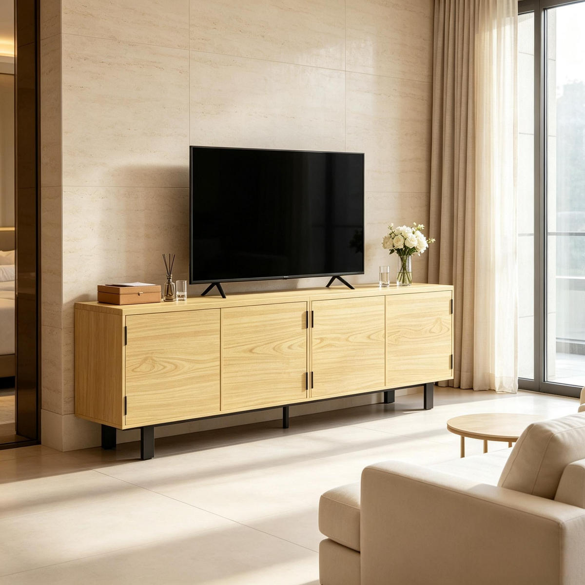 TV-SCHRANK 180/35/55.5 cm Natürlich mit 4 Drucktüren - Schwarz/Naturfarben, Holz/Holzwerkstoff (180/55.5/35cm) - Oxeza