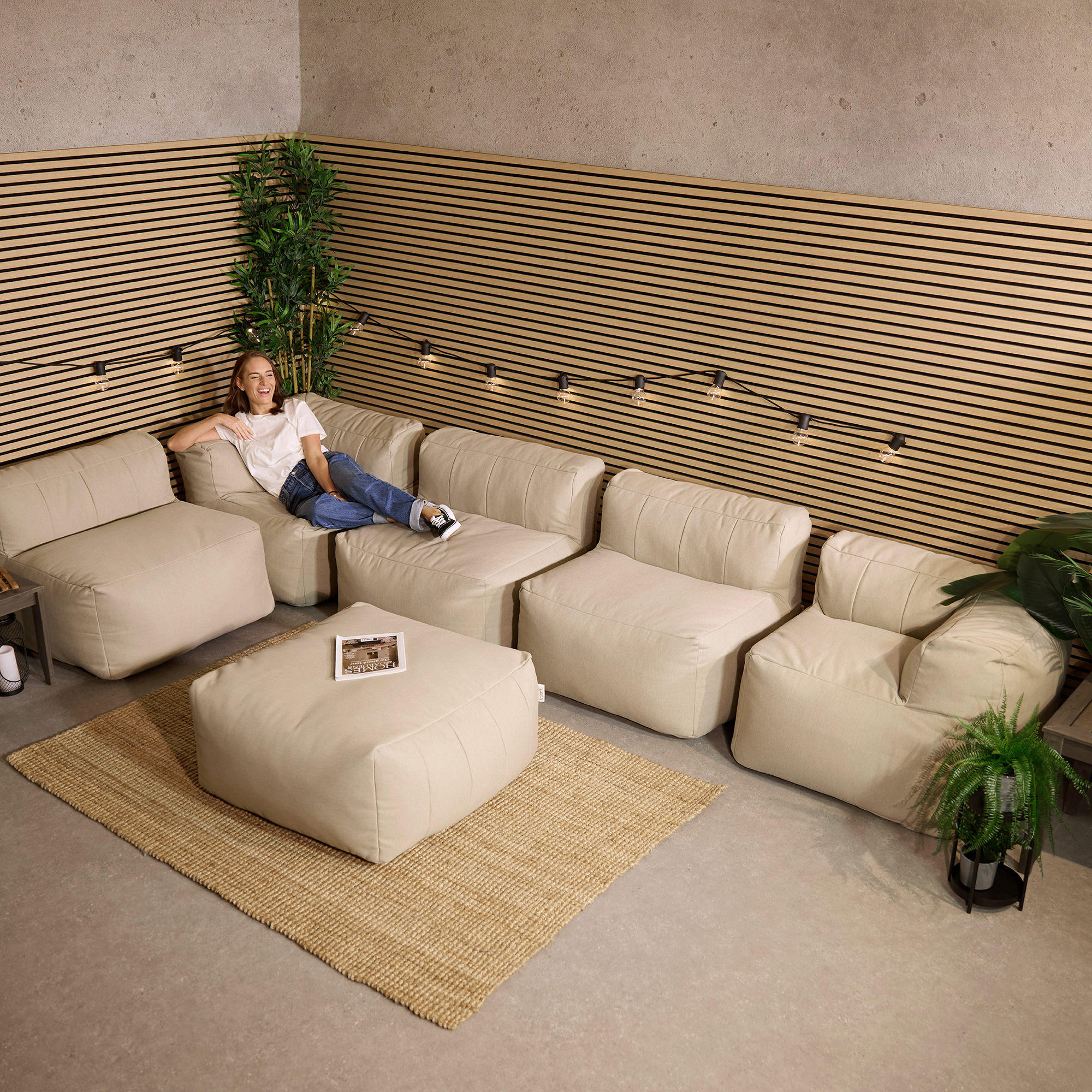 SITZSACK-SOFA Outdoor 6-tlg.: 2 Ecksessel, 3 Sessel, Fußstütze - Beige, Textil (485/68/100cm) - icon