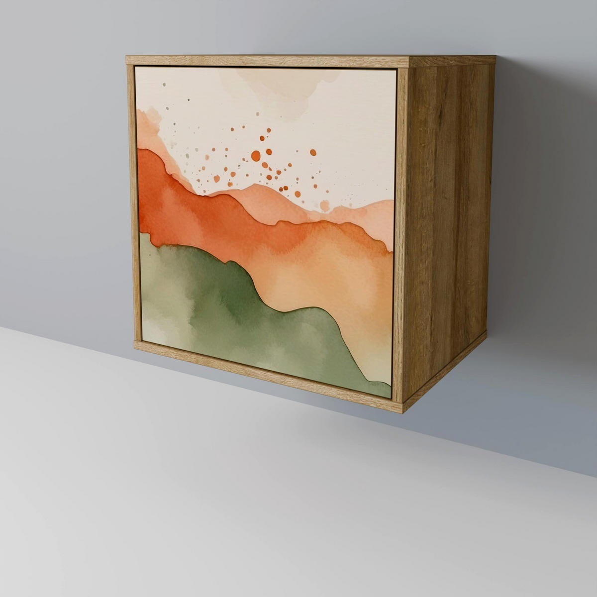 SIDEBOARD WATERCOLOUR PEAKS, Eichefarben, 57,5x42x70,5 cm, Schwarze Metall-Sternfüße - Eichefarben/Multicolor, Holzwerkstoff/Metall (57.5/70.5/42cm) - SpaceRebels
