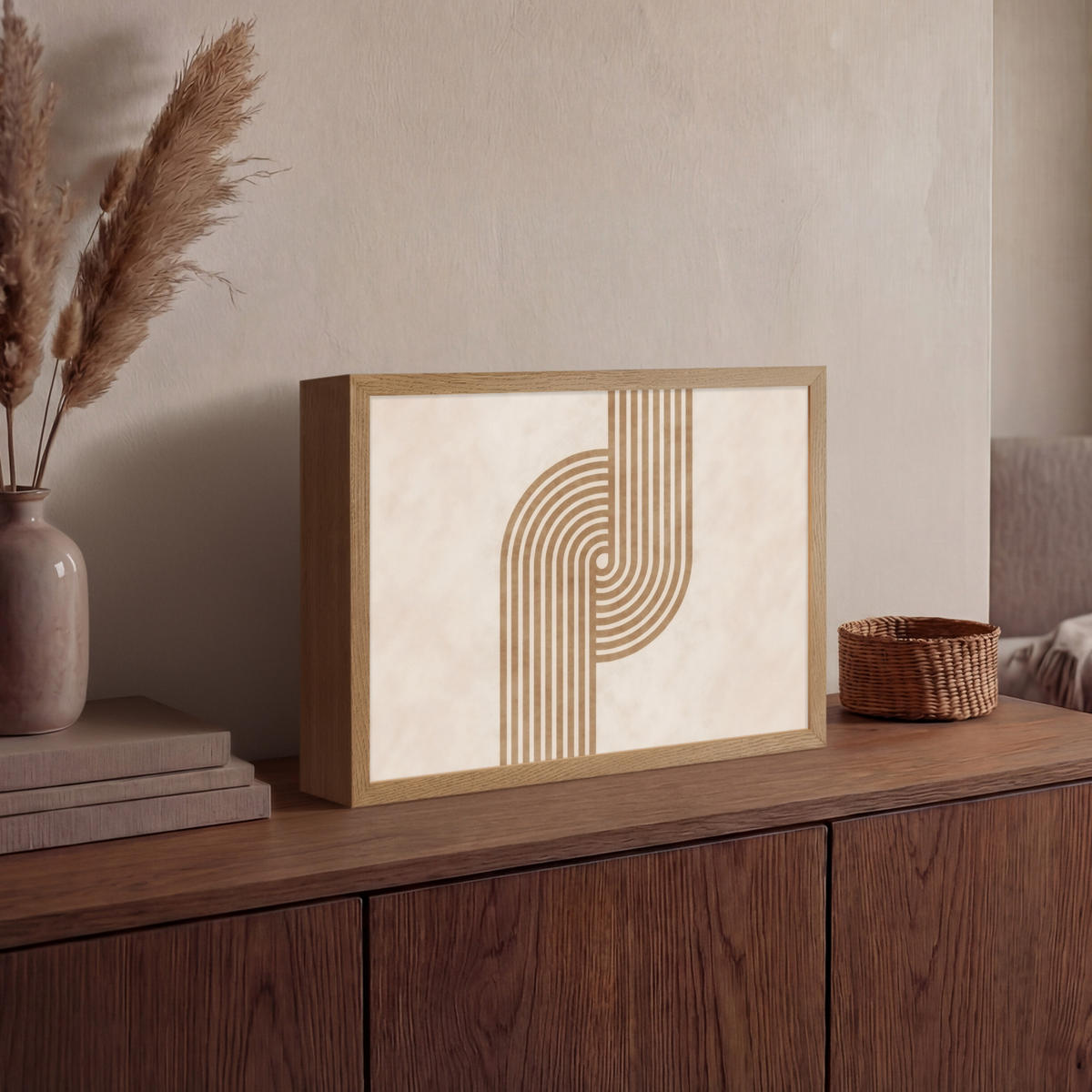 NÁSTĚNNÁ LAMPA S AKUMULÁTOREM Symetrický ohyb - měděná barva 40x30 cm - béžová, kompozitní dřevo (40/30/8cm) - OnlyWow