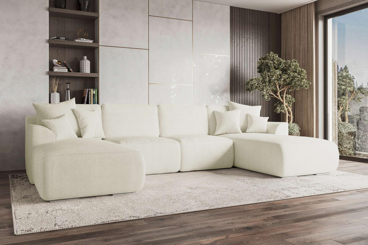 WOHNLANDSCHAFT GUSTO Cordstoff Creme inkl. Schlaffunktion - Chromfarben/Creme, Kunststoff/Textil (306/96/194cm) - 99rooms