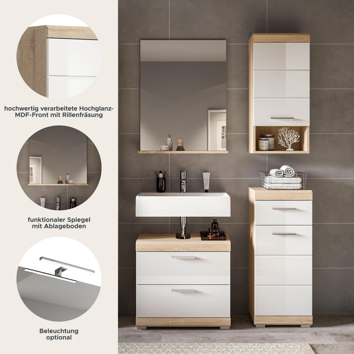 BADKOMBINATION 4tlg. Lambada Bad in Sonoma Eiche hell und weiß hochglanz B/H/T: 112x191x34 cm - Sonoma Eiche, Holz (112/191/37cm)