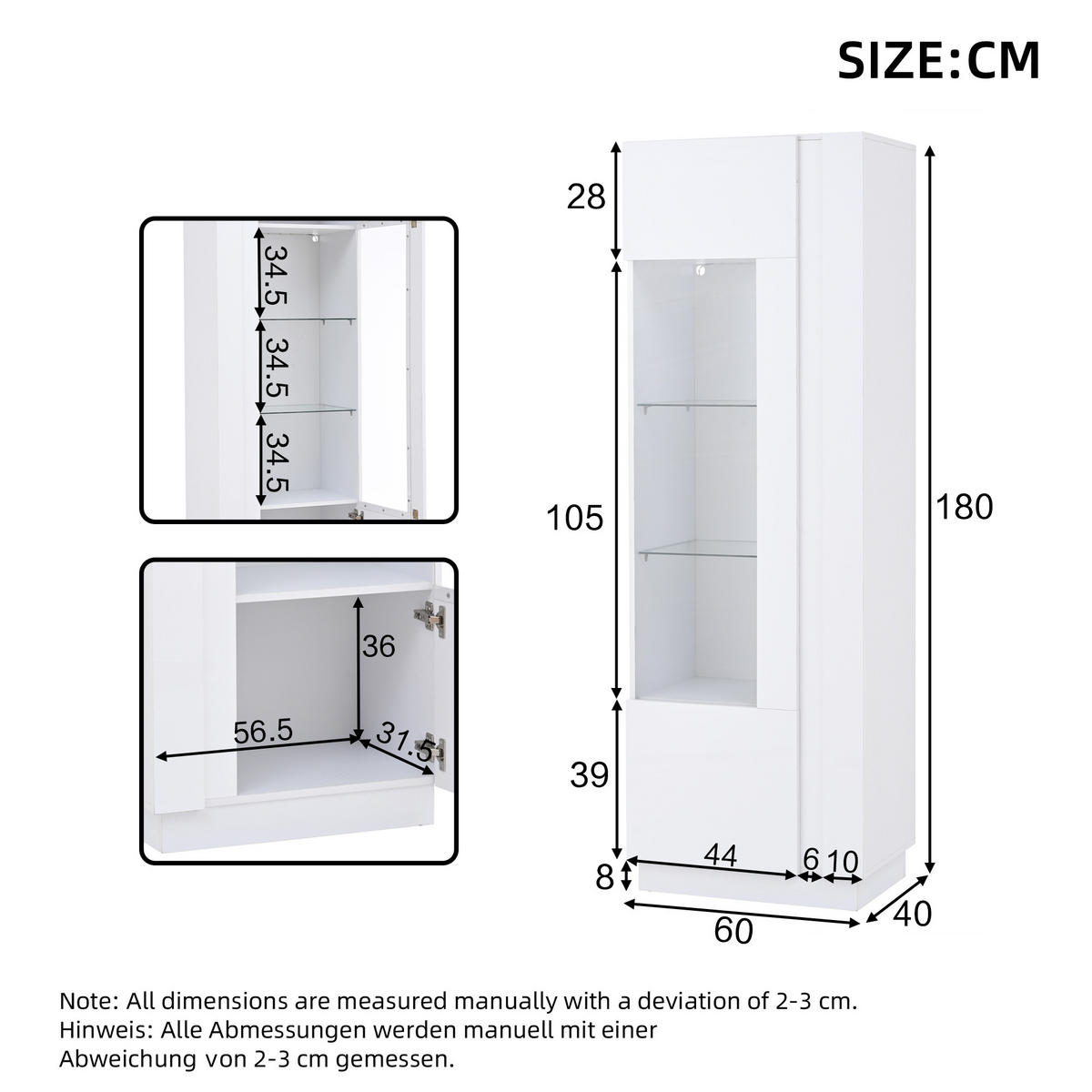 VITRINE 60/40/180 cm weiß aus Holzwerkstoff mit LED und Acrylfront - Weiß, Holzwerkstoff (60/180/40cm) - OKWISH